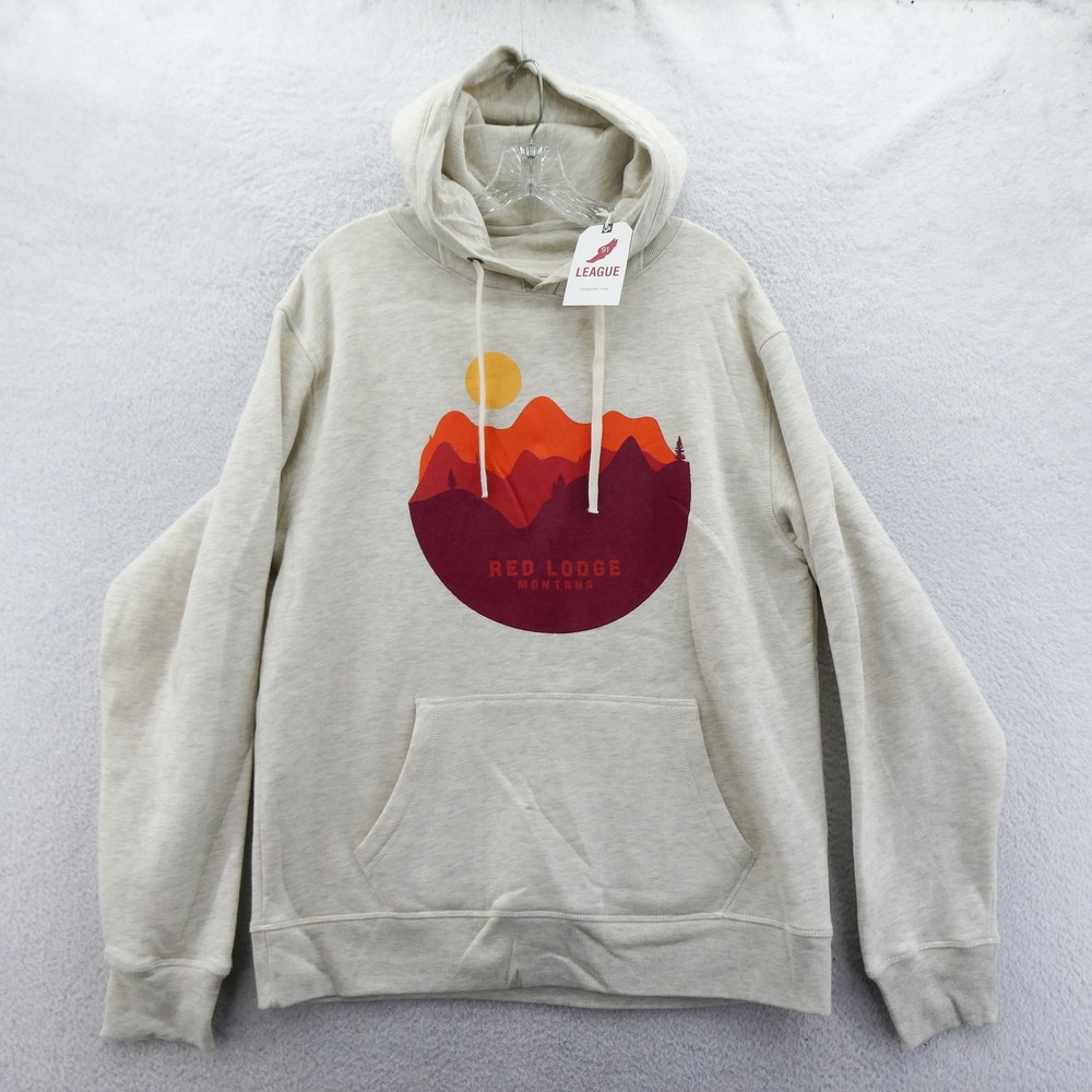 League Hoodie Mens Large Red Lodge Montana Cream‎ Graphic Cotton Blend Fleece